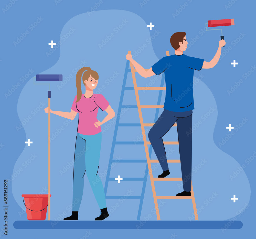 woman and man cartoons painting with roll bucket and ladder design of ...