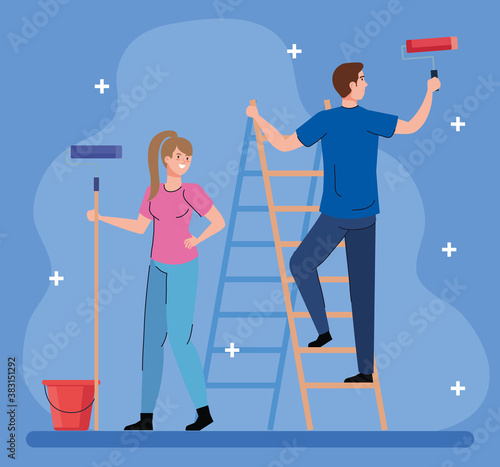 woman and man cartoons painting with roll bucket and ladder design of remodeling construction working and repairing theme Vector illustration