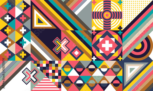 The background is assembled from geometric shapes into a simple flat ornament.
