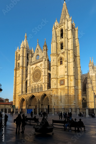 Municipio de Leon, capital of the province of Leon, Spain - October 21, 2016 - Plaza with the Cathedral of Leon under the sunset light