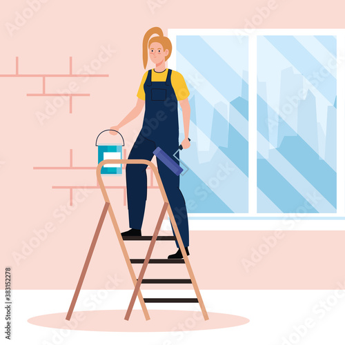 woman cartoon painting with bucket on ladder design of remodeling construction working and repairing theme Vector illustration