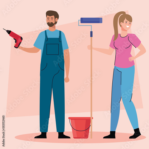 woman and man with construction drill and paint roll design of remodeling working and repairing theme Vector illustration