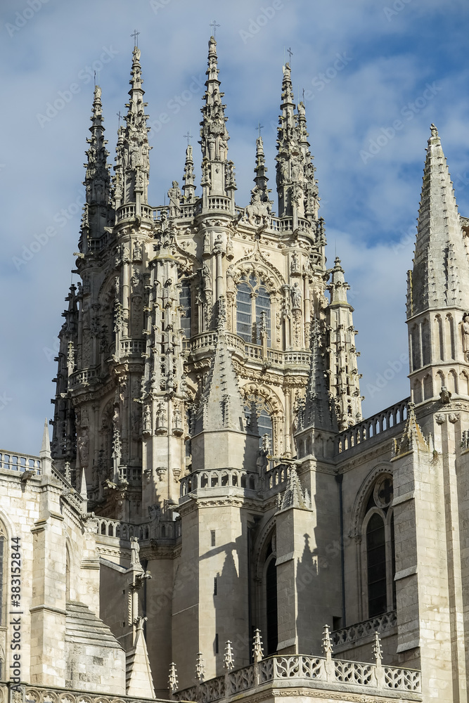 Detail of tower of the Cathedral in Gothic style, municipality and province of Burgos, autonomous community of Castile and Leon, Spain