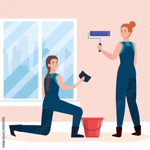women cartoons painting with roll sponge and bucket design of remodeling construction working and repairing theme Vector illustration