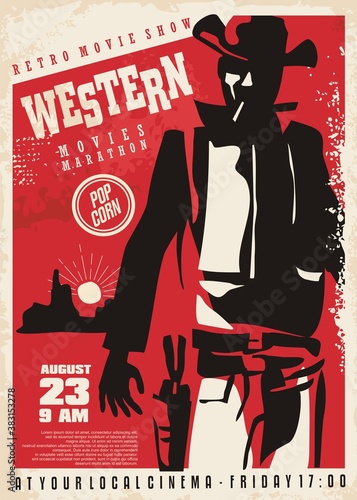 Retro western movie poster with gunman ready to pull the pistol in a duel. Cowboy drawing vintage cinema promo ad. Vector film flyer.