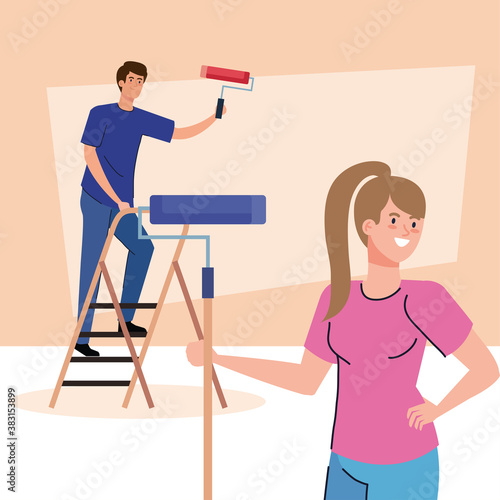 woman and man cartoons painting with roll and ladder design of remodeling construction working and repairing theme Vector illustration
