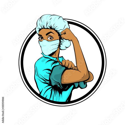 We Can Do It woman african doctor in medical mask retro poster. Cartoon vintage nurse girl in pop art style. Black pop art doctor isolated in white background. Emblem.