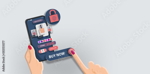 The girl clicks the buy button in an online store selling cosmetics