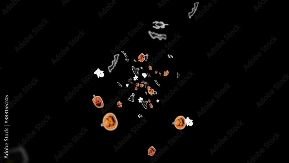 Flying many Halloween monsters on black background. Paper art, Pumpkins, Bats, Spiders, Ghosts, Tombs. 3D animation of Halloween party. Loop animation. Flying many Halloween monsters on black background. Paper art, Pumpkins, Bats, Spiders, Ghosts, Tombs. 3D animation of Halloween party. Loop animation.