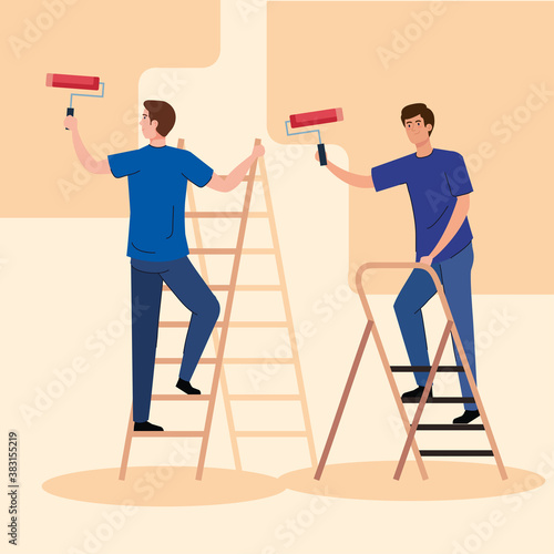 men cartoons painting with roll on ladders design of remodeling construction working and repairing theme Vector illustration