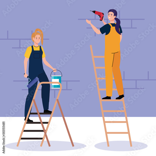 women cartoons with construction drill and paint bucket on ladder design of remodeling working and repairing theme Vector illustration