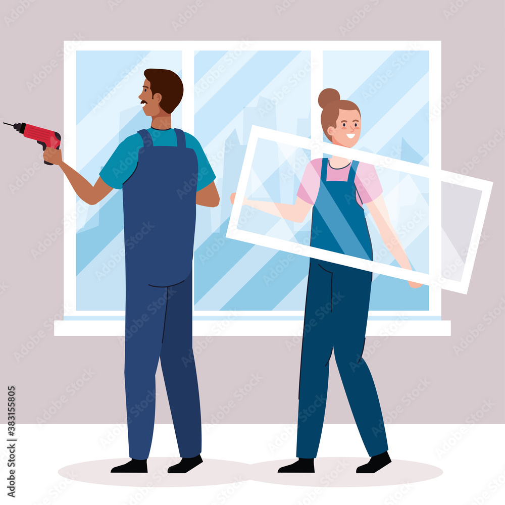 woman and man with construction drill at window design of remodeling working and repairing theme Vector illustration woman and man with construction drill at window design of remodeling working and repairing theme Vector illustration