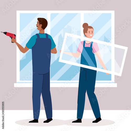 woman and man with construction drill at window design of remodeling working and repairing theme Vector illustration