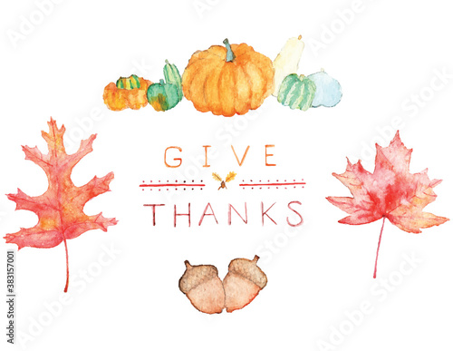 Vectorized handpainted watercolor of autumn leaves, acorns, squash, and the words 