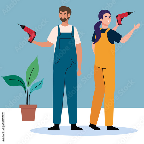 woman and man with construction drill design of remodeling working and repairing theme Vector illustration