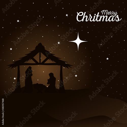 merry christmas and nativity mary joseph and baby in hut on brown background design, winter celebration theme Vector illustration