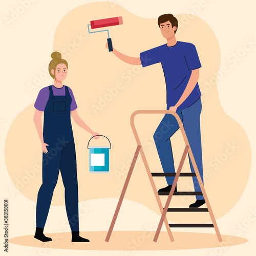 woman and man cartoons painting with roll bucket and ladder design of remodeling construction working and repairing theme Vector illustration