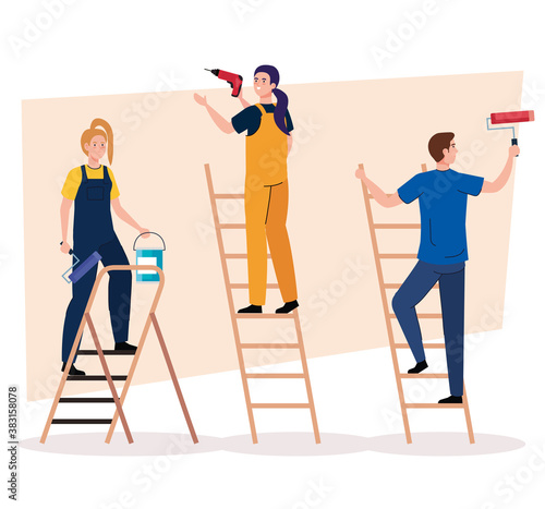 man and women with construction drill paint roll and bucket on ladders design of remodeling working and repairing theme Vector illustration