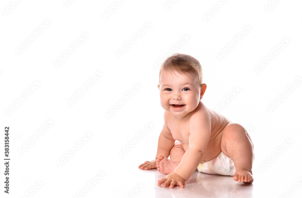 cute toddler baby in diapers smiling happily on white background cute toddler baby in diapers smiling happily on white background