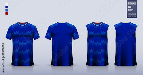 Blue t-shirt mockup, sport shirt template design for soccer jersey, football kit. Tank top for basketball jersey, running singlet. Fabric pattern for sport uniform in front view back view. Vector.
