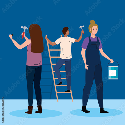 women and man with construction hammers and paint bucket design of remodeling working and repairing theme Vector illustration