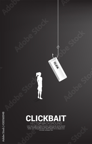 Silhouette of businesswoman standing with fishing hook with click button. Concept of click bait and digital phishing.