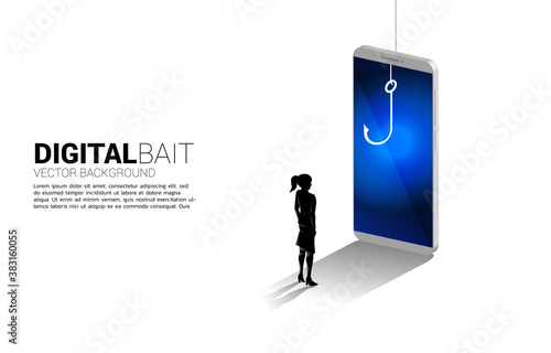 Silhouette of businesswoman standing with fishing hook in mobile phone. Concept of digital scam and fraud in business.