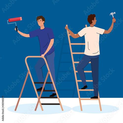 men with construction hammer paint roll and ladder design of remodeling working and repairing theme Vector illustration
