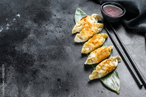 Fried Japanese gyoza dumplings. Black background. Top view. Copy space