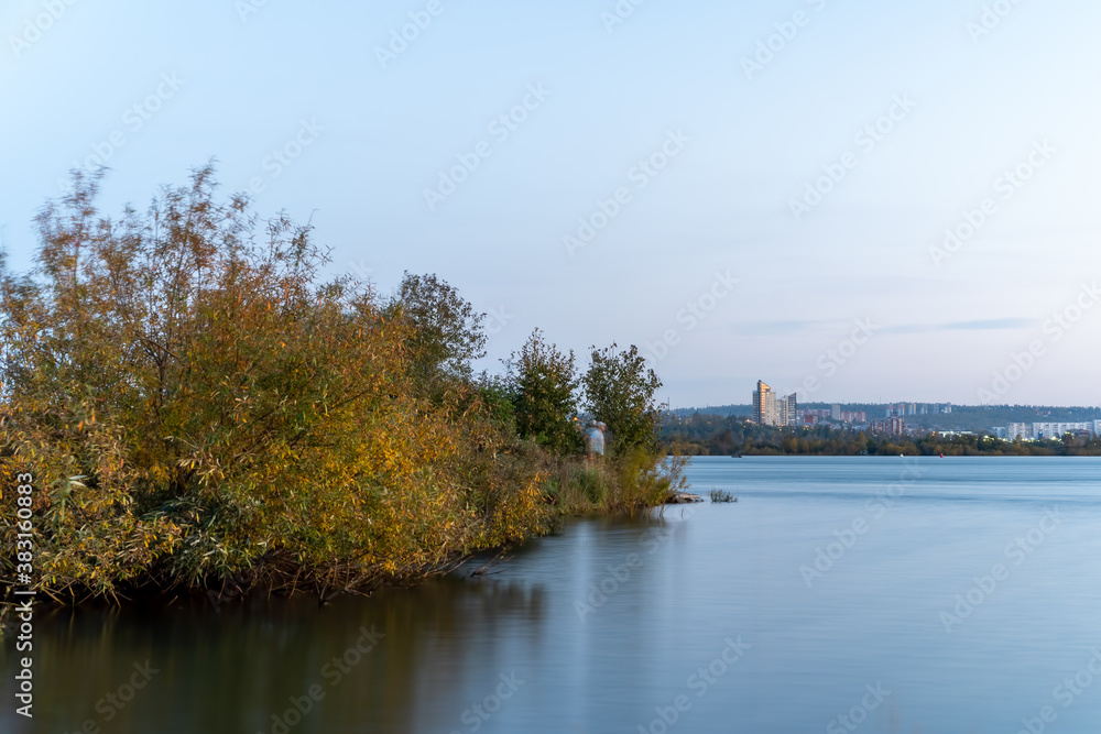 Natural landscape with a view of the Angara river. Long exposure