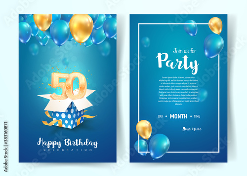 Celebration of 50 th years birthday vector invitation card. Fifty years anniversary celebration brochure. Template of invitational for print on blue background