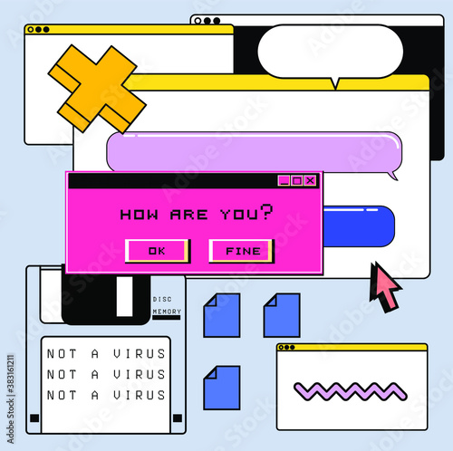 Retrofuturistic vector illustration of user interface in cartoon anime or manga style.