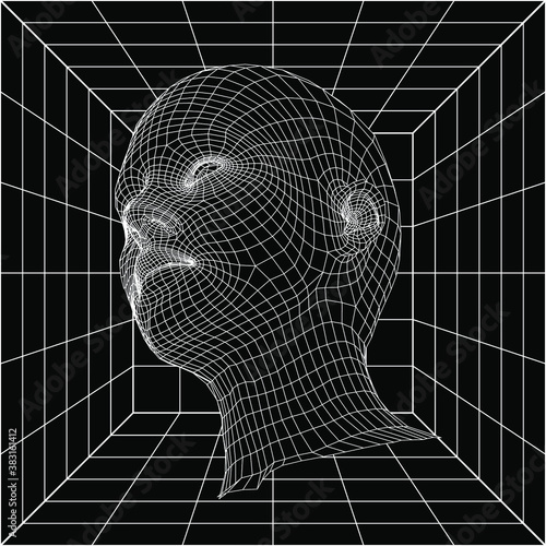 Retrofuturistic sci-fi illustration of Low poly 3D head, human face structure made of grid. 