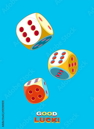 Pop Art poster of three rolling lucky dice double six in the sky