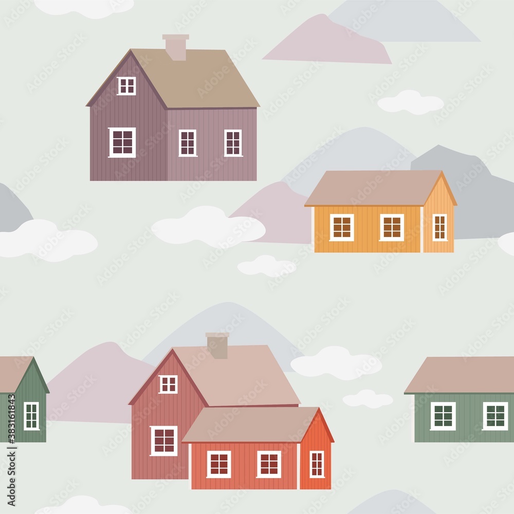 Pattern of houses in the clouds Autumn landscape. Vector seamless texture. Pattern of houses in the clouds Autumn landscape. Vector seamless texture.