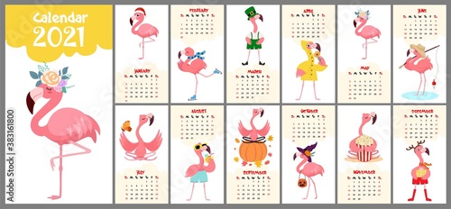 Cute stylized monthly calendar for 2021 with flamingos. Can be used for banner, poster, postcard, postcard and for printing.