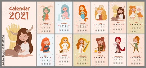 Beautiful zodiac monthly calendar for 2021. Horoscope symbols, astrology. Can be used for banner, poster, postcard, postcard and for printing.