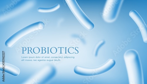 Probiotics culture, intestinal microbiota health banner. Human healthy intestinal microbiota, bifidobacterium colony, gut microbiom and microflora bacterium vector. Immunity and indigestion health
