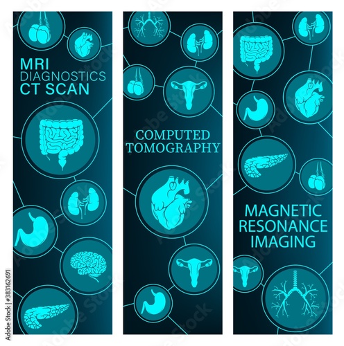 Magnetic resonance imaging, computed tomography medicine banners. Human body internal organs MRI and CT scan images, intestine, stomach and brain, heart, lungs and pancreas, uterus, testicles vector