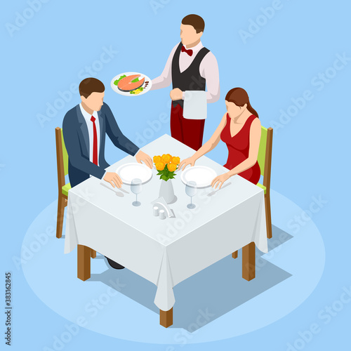 Dinner In Restaurant. Young couple having dinner in a restaurant. Man and woman sitting at the table, the waiter takes order dishes. Isometric vector illustration