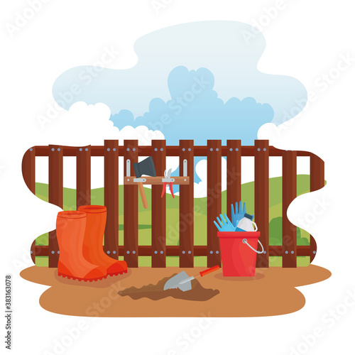 Gardening boots tools bucket and shovel design, garden planting and nature theme Vector illustration