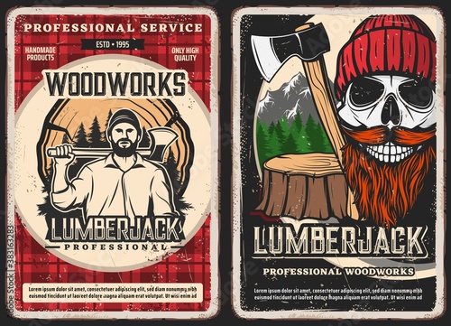Lumberjack service, woodwork vintage posters. Strong man in shirt, holding felling axe, lumberjack smiling skull with red beard and mustaches wearing knitted hat, tree stump and mountain forest vector photo
