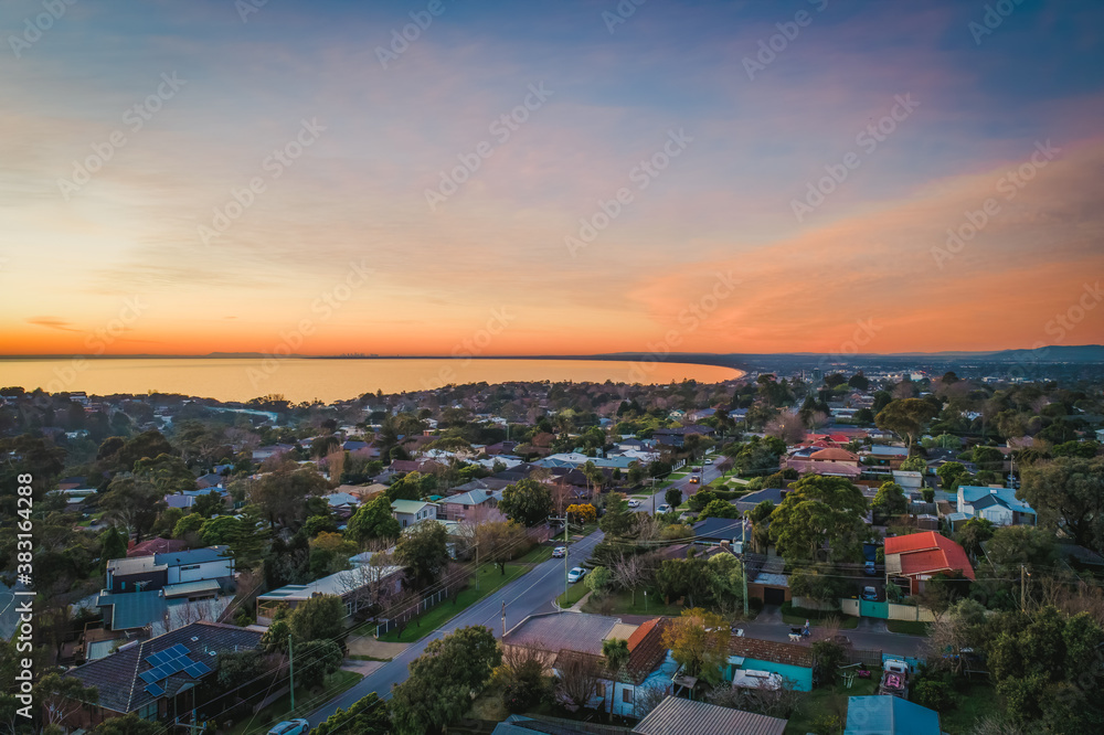 Frankston suburb at dusk - aerial landscape. Melbourne, Australia