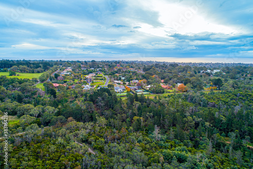 Aerial view of houses surrounded by trees near ocean coastline in Melbourne, Australia