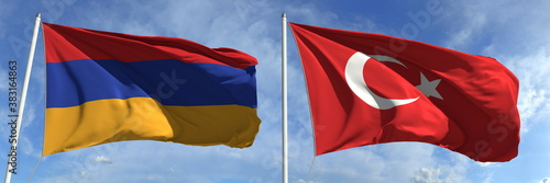 Flying flags of Armenia and Turkey on high flagpoles. 3d rendering