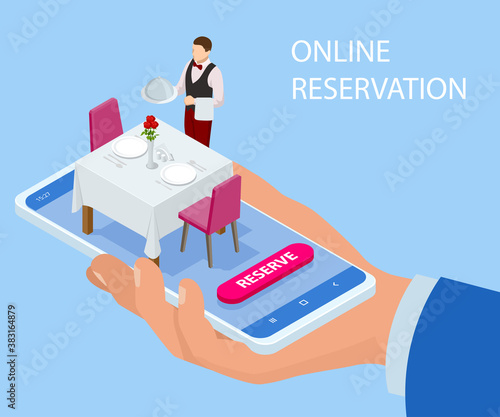 Online reserved table in restaurant. Concept Reserved in cafe. Isometric concept of table online reservation, mobile booking.