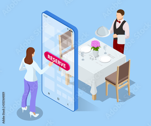 Online reserved table in restaurant. Concept Reserved in cafe. Isometric concept of table online reservation, mobile booking.