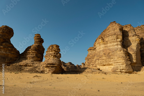 Outcrop geological formations at sunrise near Al Ula in Saudi Arabia