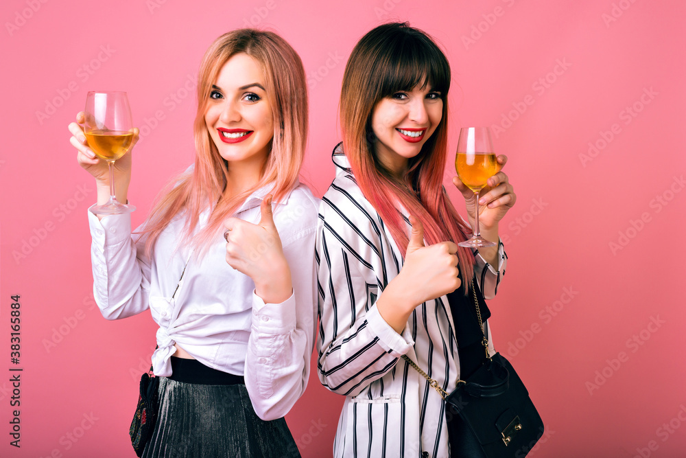 Indoor studio portrait of two happy best friends sisters women, wearing trendy black and white clothes and pink hairs, drinking champagne and showing ok science, party time. Indoor studio portrait of two happy best friends sisters women, wearing trendy black and white clothes and pink hairs, drinking champagne and showing ok science, party time.