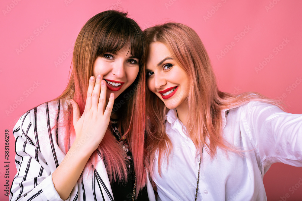 Indoor studio portrait of two happy best friends sisters women, wearing trendy black and white clothes and pink hairs, making selfie, enjoying time together. Indoor studio portrait of two happy best friends sisters women, wearing trendy black and white clothes and pink hairs, making selfie, enjoying time together.